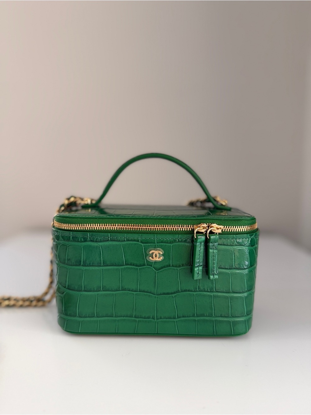 CHANEL Green Croc Embossed Top Handle Vanity